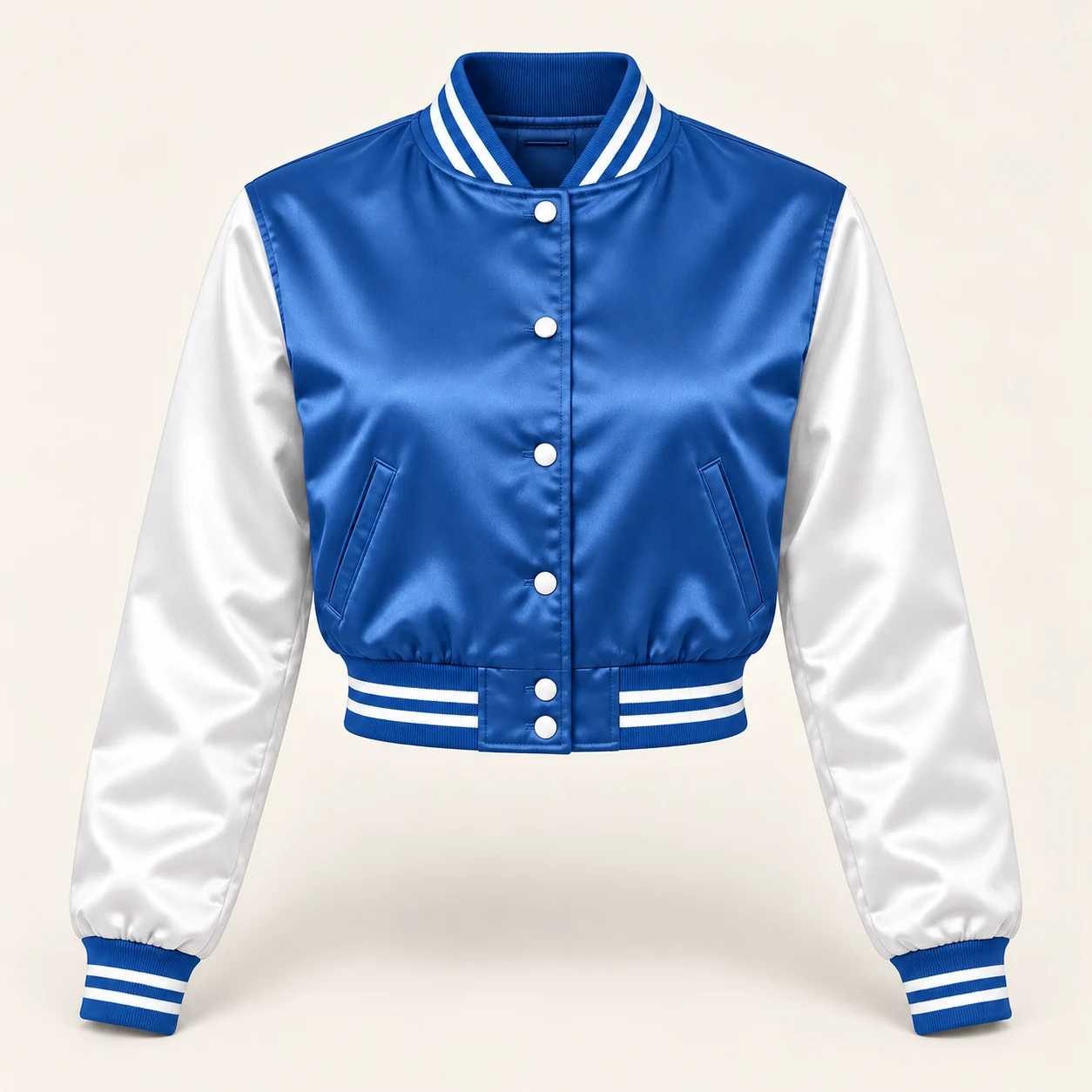 Women’s Cropped Medium Blue & White Satin Varsity Jacket — front view