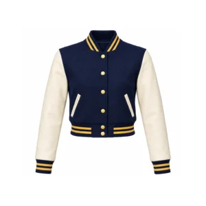 Front view of Women's Cropped Navy Blue Wool/Natural Cream Leather Varsity Jacket – Gold Trim