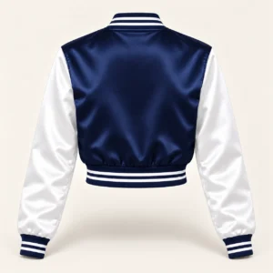 Women’s Cropped Navy & White Satin Varsity Jacket — back view
