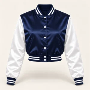 Women’s Cropped Navy & White Satin Varsity Jacket — front view
