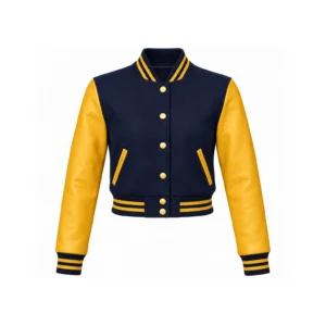 Front view of Women's Cropped Navy Wool/Gold Leather Varsity Jacket