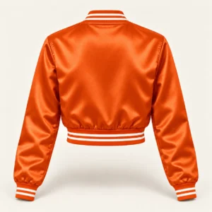 Women’s Cropped Orange Satin Varsity Jacket – White Stripe Trim — back view