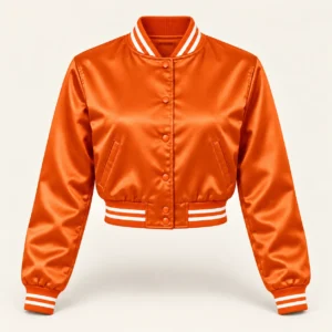 Women’s Cropped Orange Satin Varsity Jacket – White Stripe Trim — front view