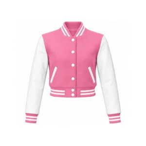 Front view of Women's Cropped Pink Wool/White Leather Varsity Jacket