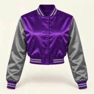 Women’s Cropped Purple & Grey Satin Varsity Jacket — front view