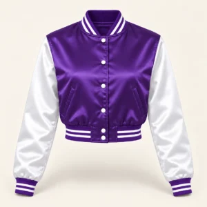 Women’s Cropped Purple & White Satin Varsity Jacket — front view