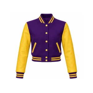 Front view of Women's Cropped Purple Wool/Gold Leather Varsity Jacket
