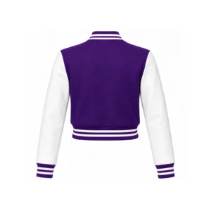 Back view of Women's Cropped Purple Wool/White Leather Varsity Jacket