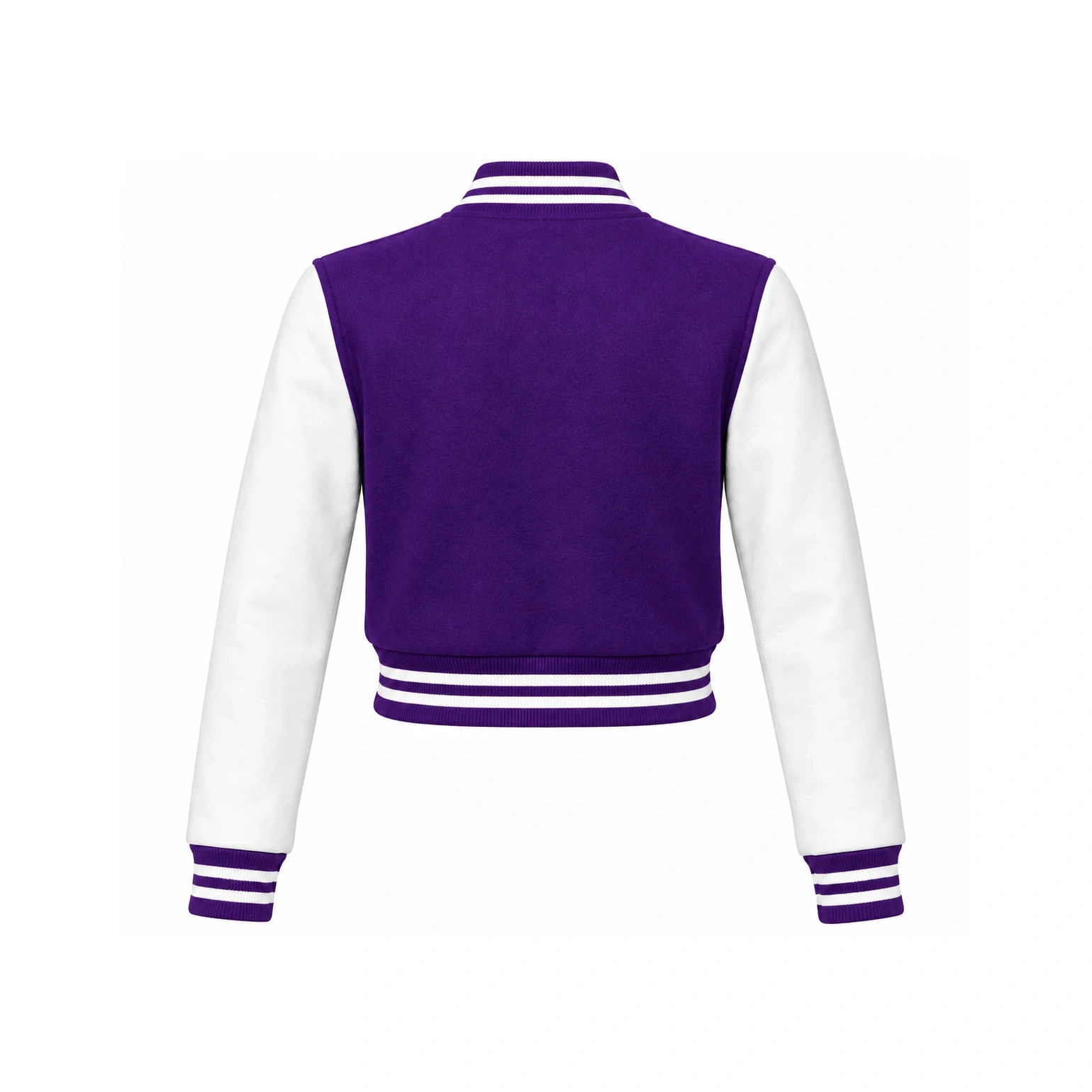 Back view of Women's Cropped Purple Wool/White Leather Varsity Jacket
