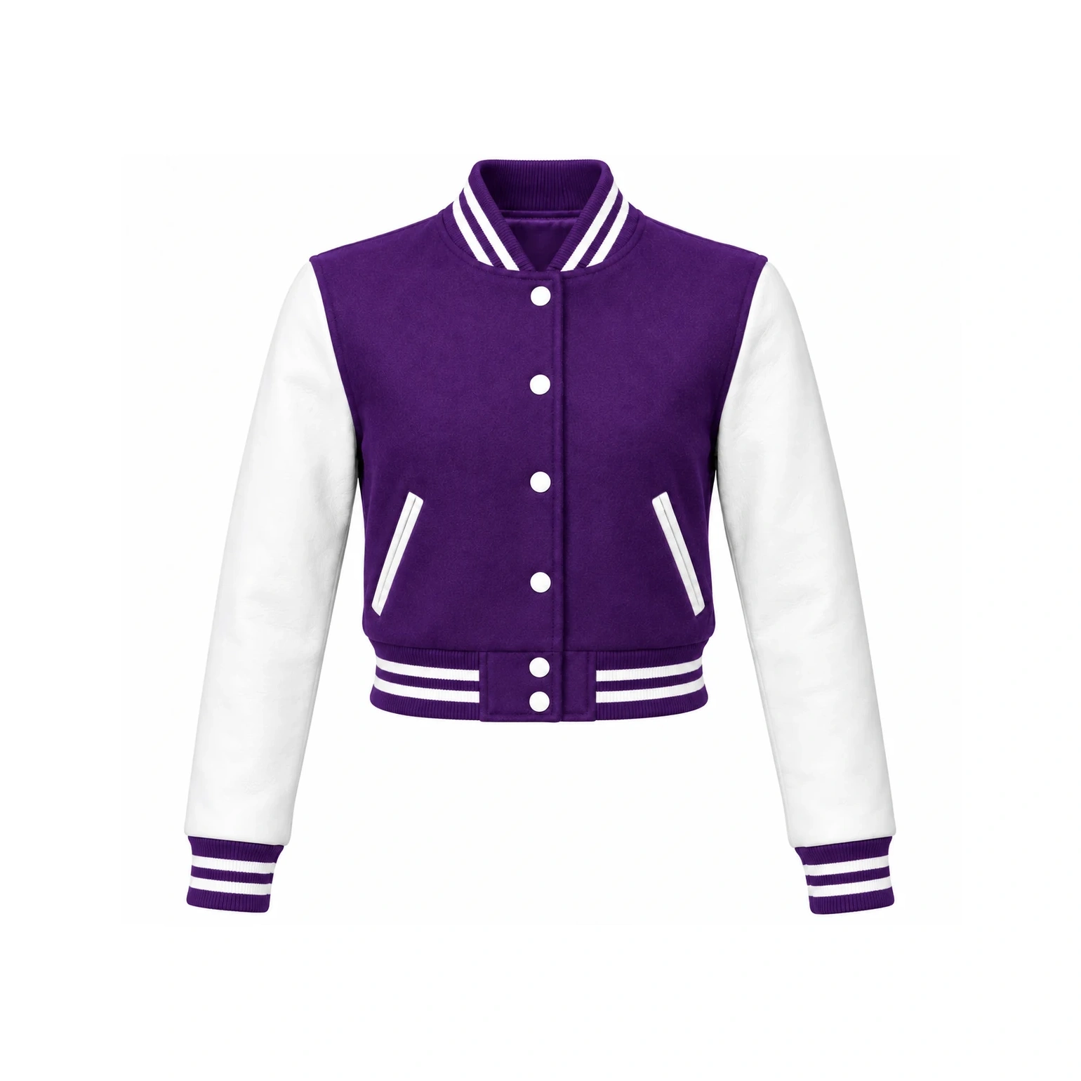 Front view of Women's Cropped Purple Wool/White Leather Varsity Jacket