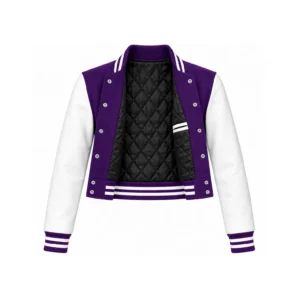 Open Women's Cropped Purple Wool/White Leather Varsity Jacket showing black quilted lining, one left double-welt pocket and steel snap backs