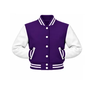 Women's Cropped Purple Wool/White Leather Varsity Jacket with both sleeve cuffs inserted into outer pockets