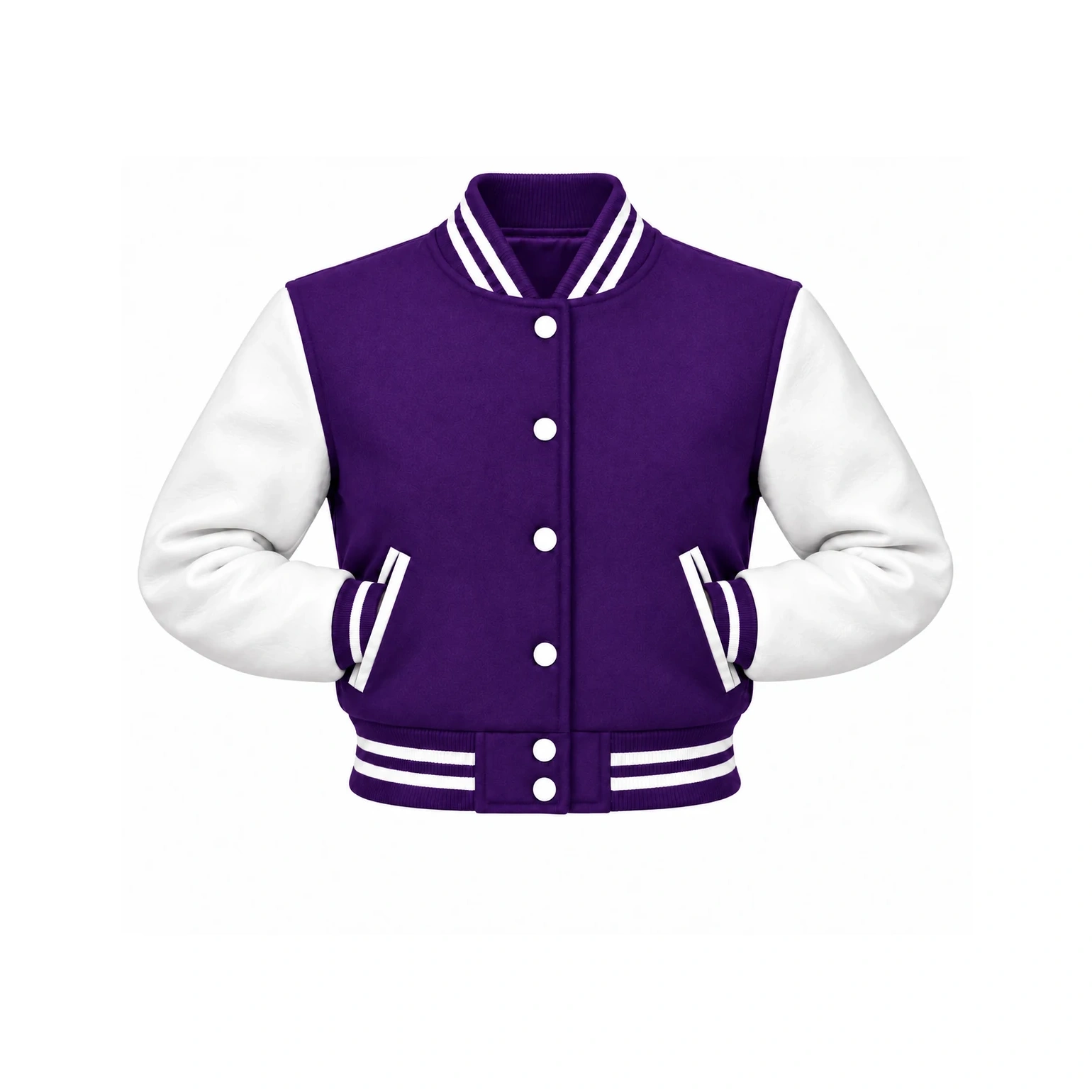 Women's Cropped Purple Wool/White Leather Varsity Jacket with both sleeve cuffs inserted into outer pockets