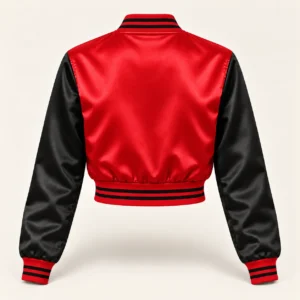 Women’s Cropped Red & Black Satin Varsity Jacket — back view