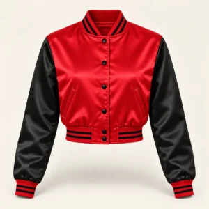 Women’s Cropped Red & Black Satin Varsity Jacket — front view