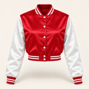 Women’s Cropped Red & White Satin Varsity Jacket — front view