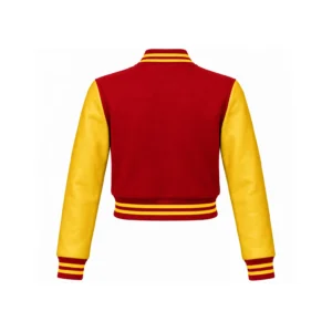 Back view of Women's Cropped Red Wool/Gold Leather Varsity Jacket