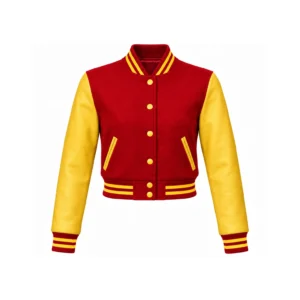 Front view of Women's Cropped Red Wool/Gold Leather Varsity Jacket