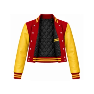 Open Women's Cropped Red Wool/Gold Leather Varsity Jacket showing black quilted lining, one left double-welt pocket and steel snap backs
