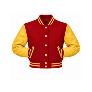 Women's Cropped Red Wool/Gold Leather Varsity Jacket with both sleeve cuffs inserted into outer pockets