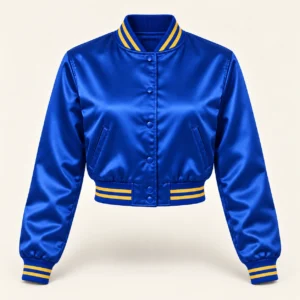 Women’s Cropped Royal Blue Satin Varsity Jacket – Gold Stripe Trim — front view