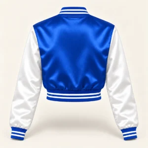 Women’s Cropped Royal Blue & White Satin Varsity Jacket — back view