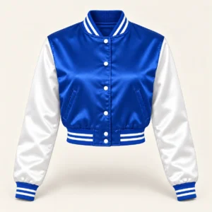Women’s Cropped Royal Blue & White Satin Varsity Jacket — front view