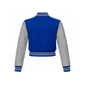 Back view of Women's Cropped Royal Blue Wool/Grey Leather Varsity Jacket