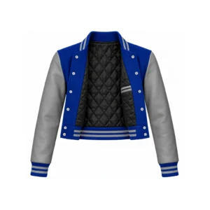 Open Women's Cropped Royal Blue Wool/Grey Leather Varsity Jacket showing black quilted lining, one left double-welt pocket and steel snap backs