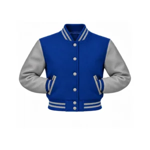 Women's Cropped Royal Blue Wool/Grey Leather Varsity Jacket with both sleeve cuffs inserted into outer pockets