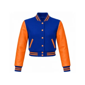 Front view of Women's Cropped Royal Blue Wool/Orange Leather Varsity Jacket