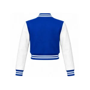 Back view of Women's Cropped Royal Blue Wool/White Leather Varsity Jacket