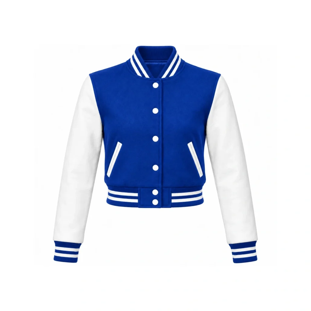 Royal blue cropped wool varsity jacket with white leather sleeves, front view