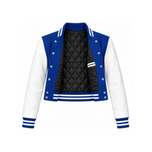Open Women's Cropped Royal Blue Wool/White Leather Varsity Jacket showing black quilted lining, one left double-welt pocket and steel snap backs
