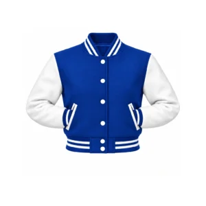 Women's Cropped Royal Blue Wool/White Leather Varsity Jacket with both sleeve cuffs inserted into outer pockets
