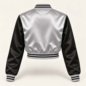 Women’s Cropped Silver & Black Two-Tone Satin Varsity Jacket — back view