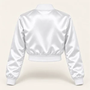 Women’s Cropped Solid White Satin Varsity Jacket — back view