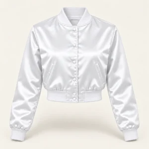 Women’s Cropped Solid White Satin Varsity Jacket — front view
