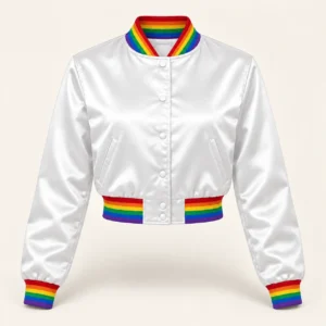 Women’s Cropped White Satin Varsity Jacket – Rainbow Trim — front view