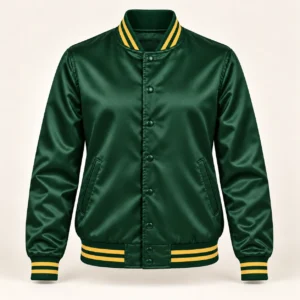 Women’s Forest Green Satin Varsity Jacket – Gold Stripe Trim — front view