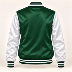 Women’s Forest Green & White Satin Varsity Jacket — back view