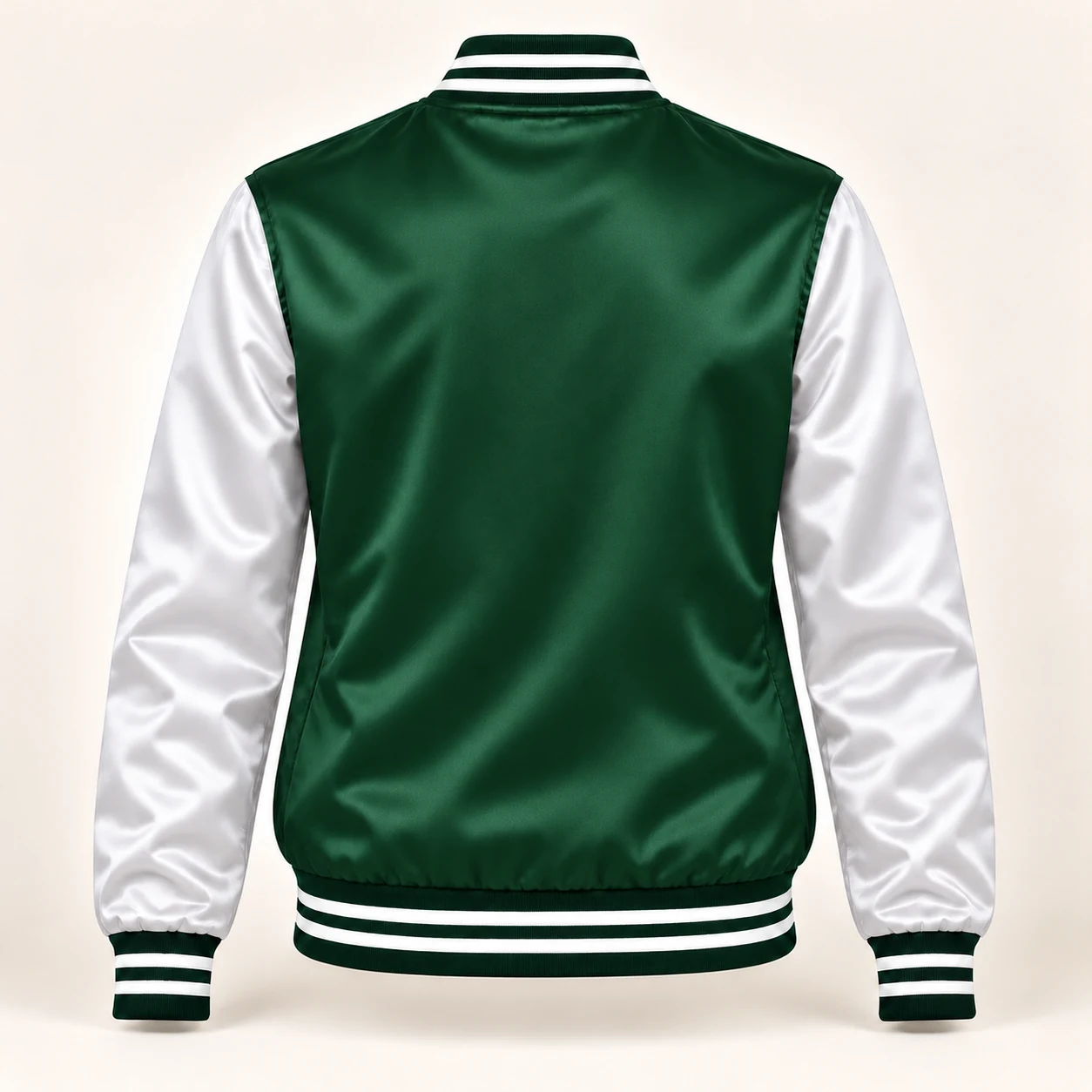 Women’s Forest Green & White Satin Varsity Jacket — back view