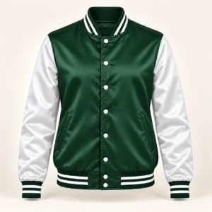 Women’s Forest Green & White Satin Varsity Jacket — front view