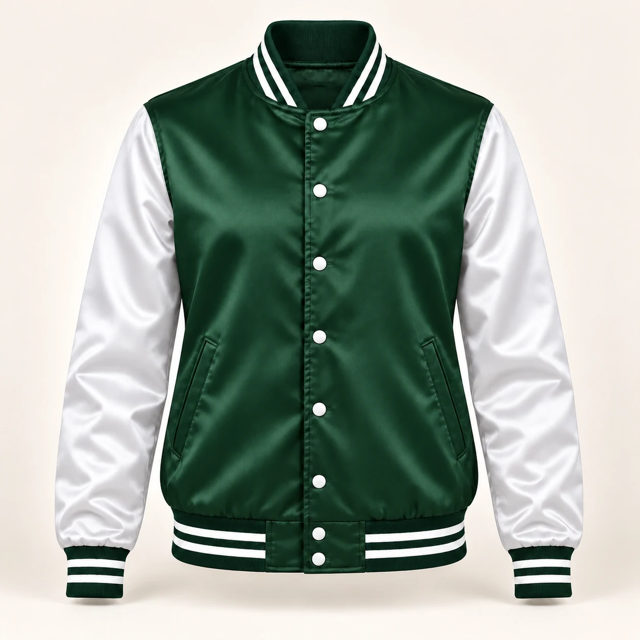 Women’s Forest Green & White Satin Varsity Jacket — front view