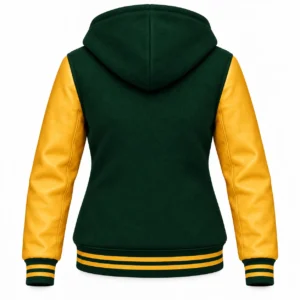 Women's Forest Green Wool / Gold Leather Hooded Varsity Jacket — back view