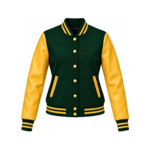 Front view of Women's Forest Green Wool/Gold Leather Varsity Jacket