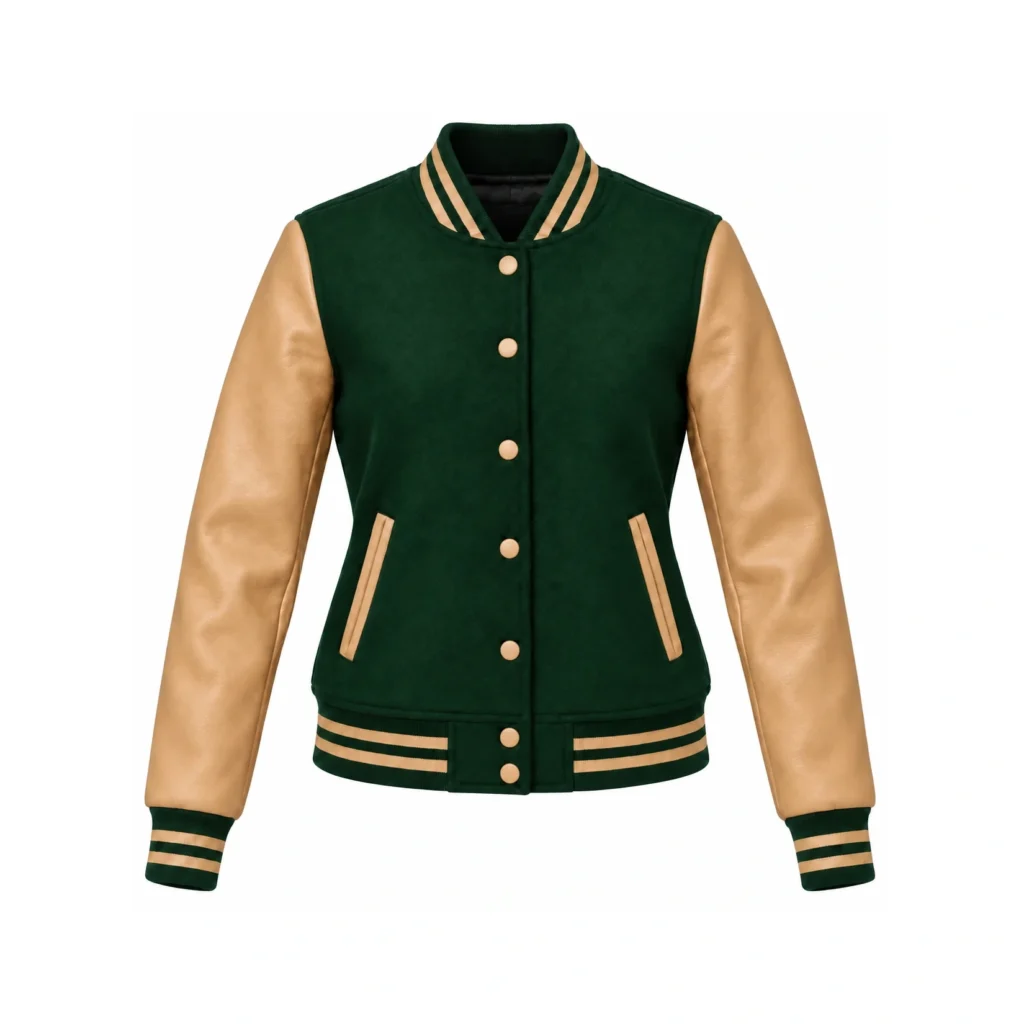 Forest green wool and tan leather women's varsity jacket, front view
