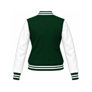 Back view of women's forest green wool/white leather varsity jacket