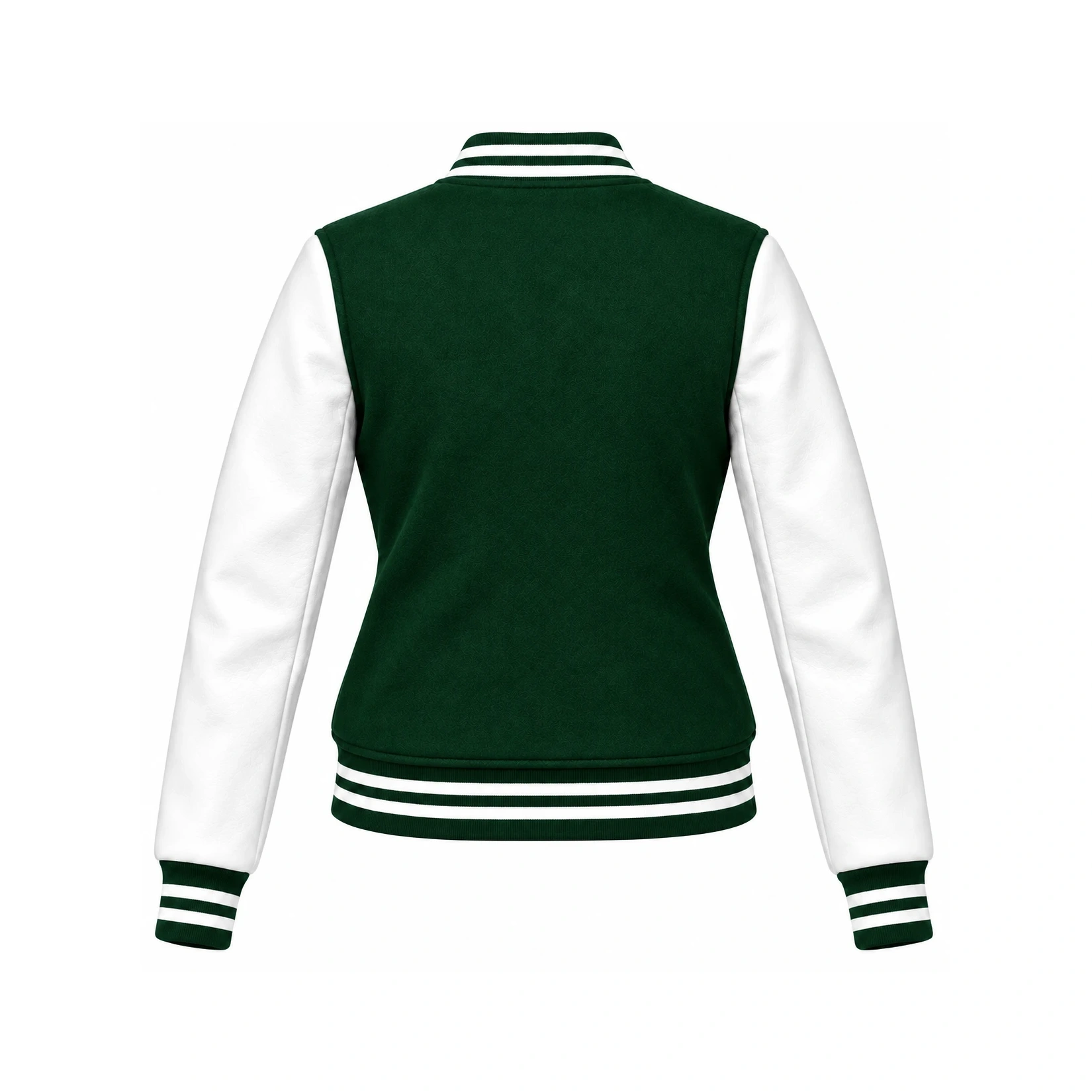 Back view of women's forest green wool/white leather varsity jacket