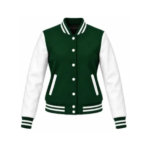 Front view of women's forest green wool/white leather varsity jacket